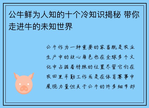 公牛鲜为人知的十个冷知识揭秘 带你走进牛的未知世界