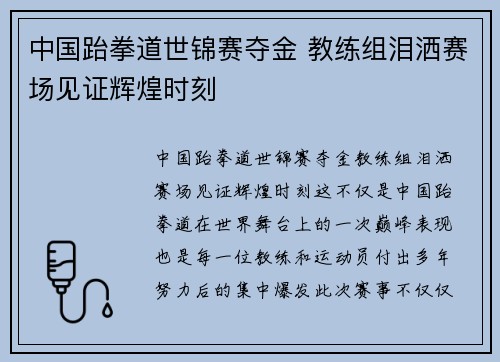 中国跆拳道世锦赛夺金 教练组泪洒赛场见证辉煌时刻